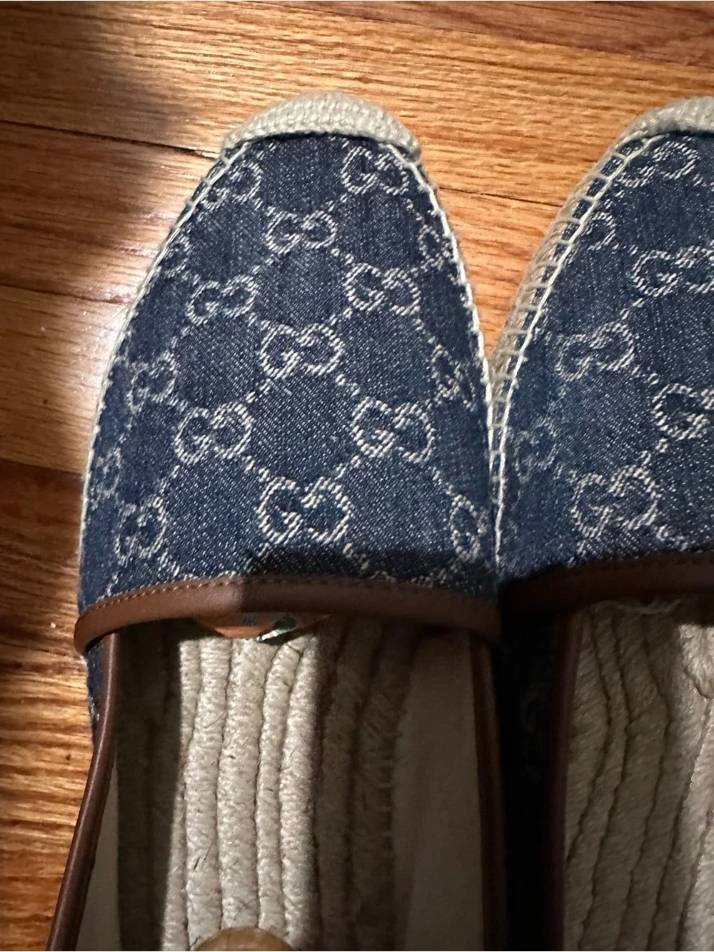 Gucci Blue Denim Monogram Espadrille Loafers with Brown Trim